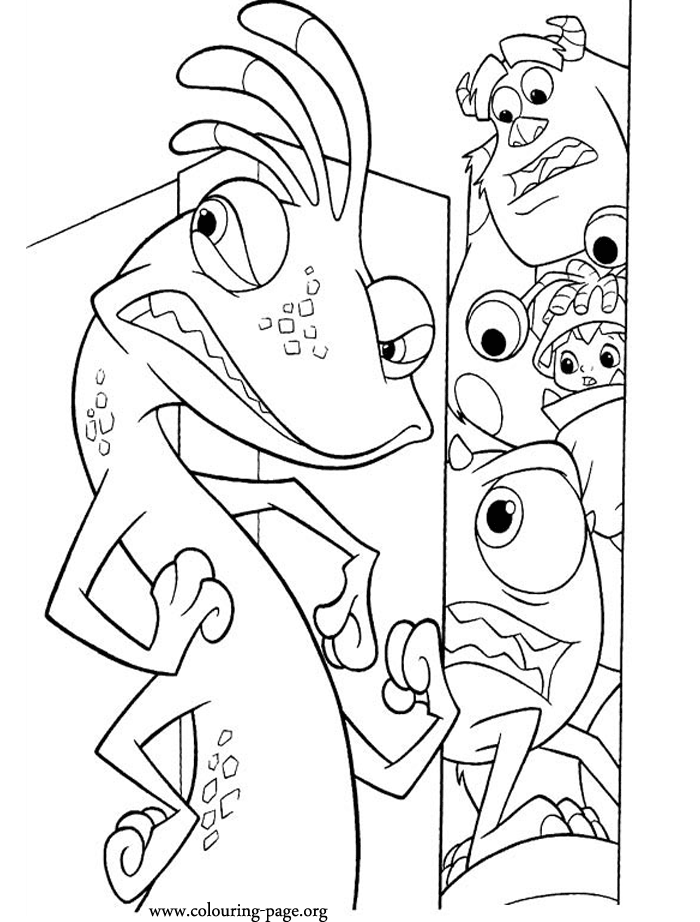 Monsters, Inc. - Mike, Sulley and Boo are hiding from Randall coloring page