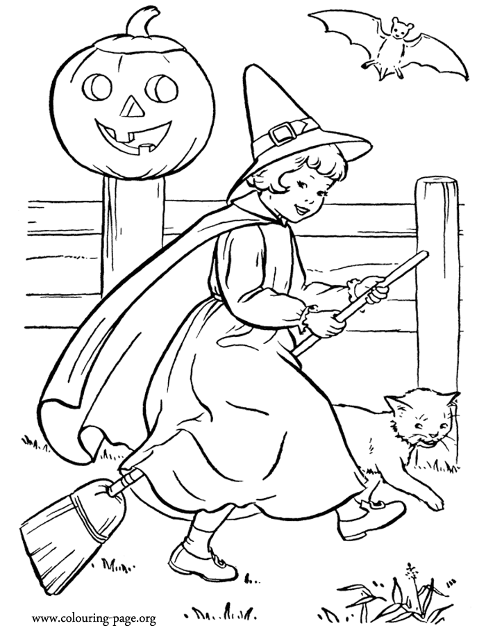 Halloween Halloween witch with a broom coloring page